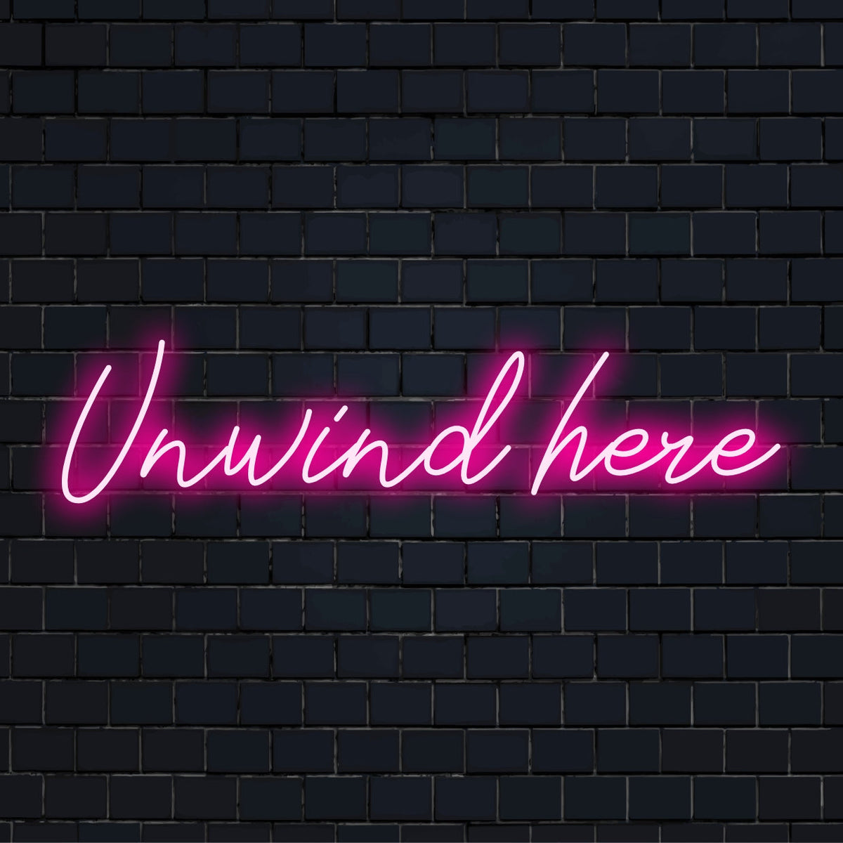 Insegna al neon a LED personalizzata con la scritta "Unwind Here"; perfetta decorazione murale al neon per creare un'atmosfera rilassante.