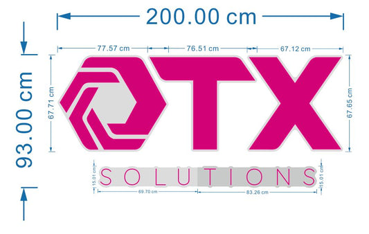 OTX Solutions – räätälöity neonkyltin tilaus (200 × 93 cm, UV-printti + neon, ulkokäyttöön)
