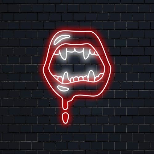 "Vampire Lips Neon Sign" με αποπνικτική λάμψη, δημιουργώντας μια συναρπαστική ατμόσφαιρα αποπλάνησης και μυστηρίου.