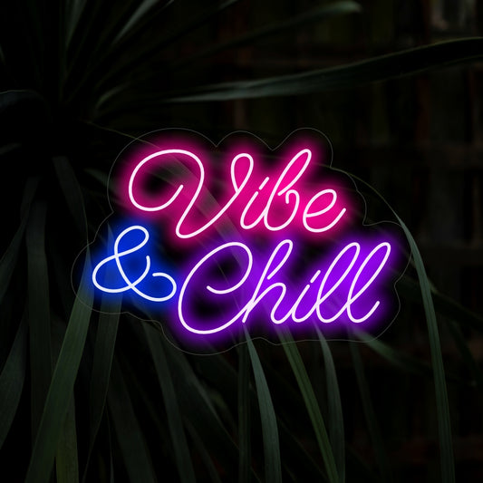 "Vibe & Chill Neon Sign" sets a trendy and relaxed atmosphere with its cool glow, encouraging relaxation and good vibes in your space.