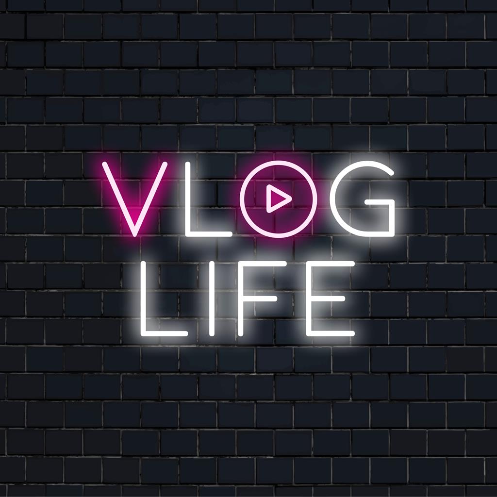 Vlog Life LED neon sign, perfect for content creators, ideal for boosting energy in your recording space.