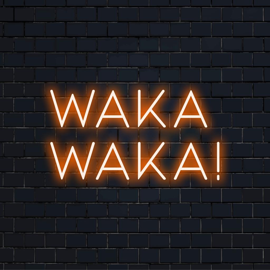 Custom LED neon sign featuring the phrase Waka Waka!, perfect for unique neon light decor and personalized ambiance.