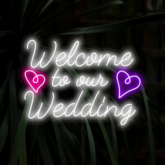 "Welcome To Our Wedding Neon Sign" invites with joy, its neon glow celebrating the union of two hearts in your wedding space.