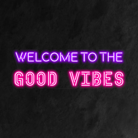 "Welcome to the Good Vibes Neon Sign" radiates positivity with its vibrant glow, creating an atmosphere that invites everyone to embrace good vibes.