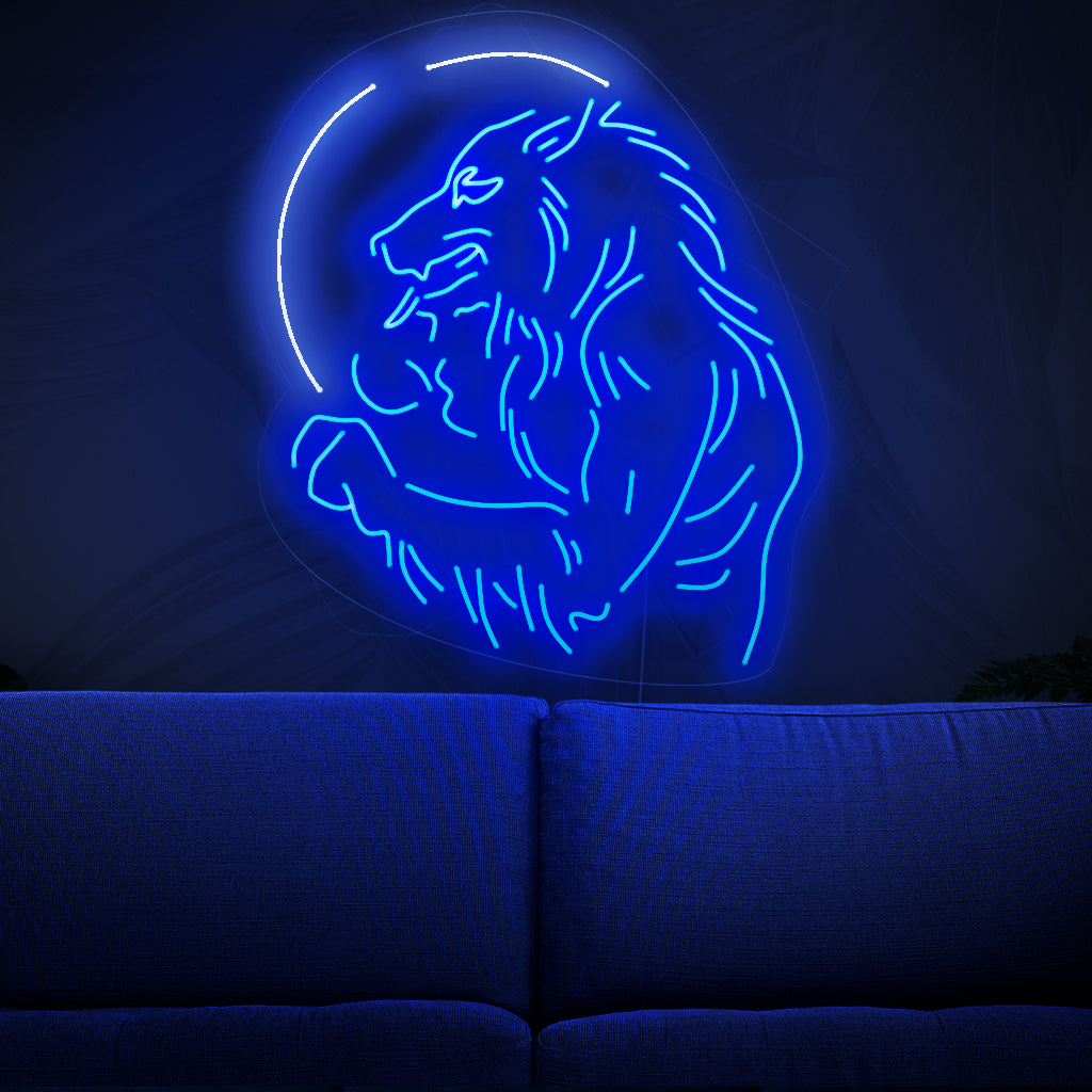 An illuminated neon sign featuring a werewolf silhouette against a full moon, evoking a sense of mystery and adding a touch of Halloween charm to any space