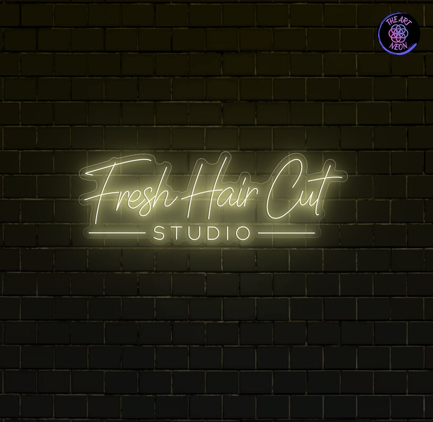Räätälöidyt LED-neonkyltit – Fresh Hair Cut Studio & sakset 170 × 58 cm + 60 × 50 cm