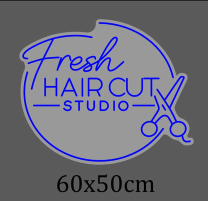 Räätälöidyt LED-neonkyltit – Fresh Hair Cut Studio & sakset 170 × 58 cm + 60 × 50 cm