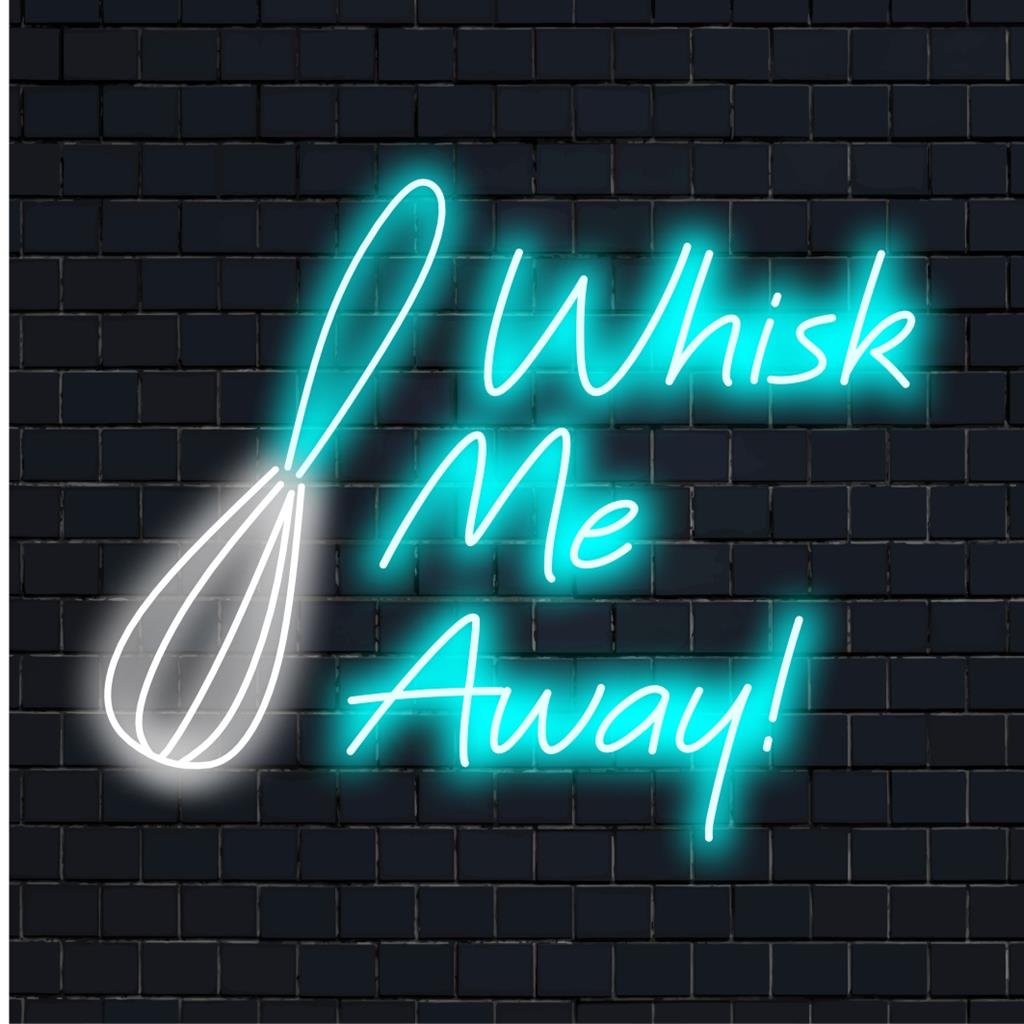 Emitting a soft, glowing elegance, this handmade custom LED neon sign Whisk Me Away! brightens any space.