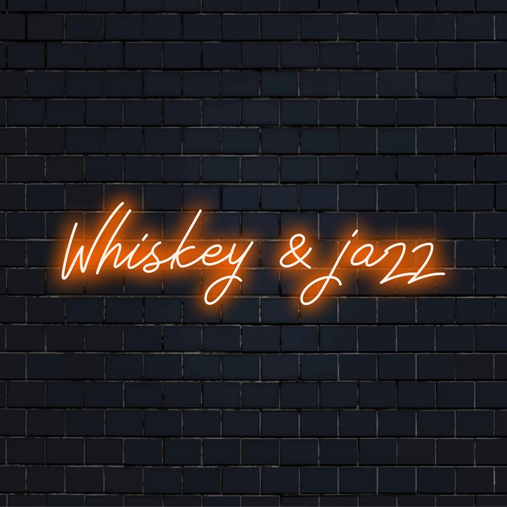 Stylish custom made LED neon sign displaying Whiskey and Jazz, perfect for a trendy bar or man cave atmosphere.