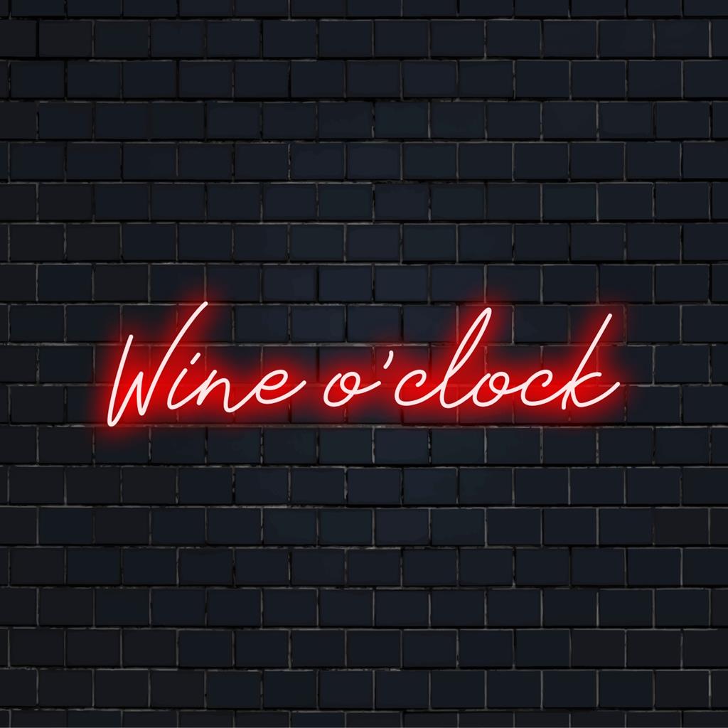 Illuminated Wine O'clock sign adding a vibrant glow to any space, embodying custom LED and neon light art.