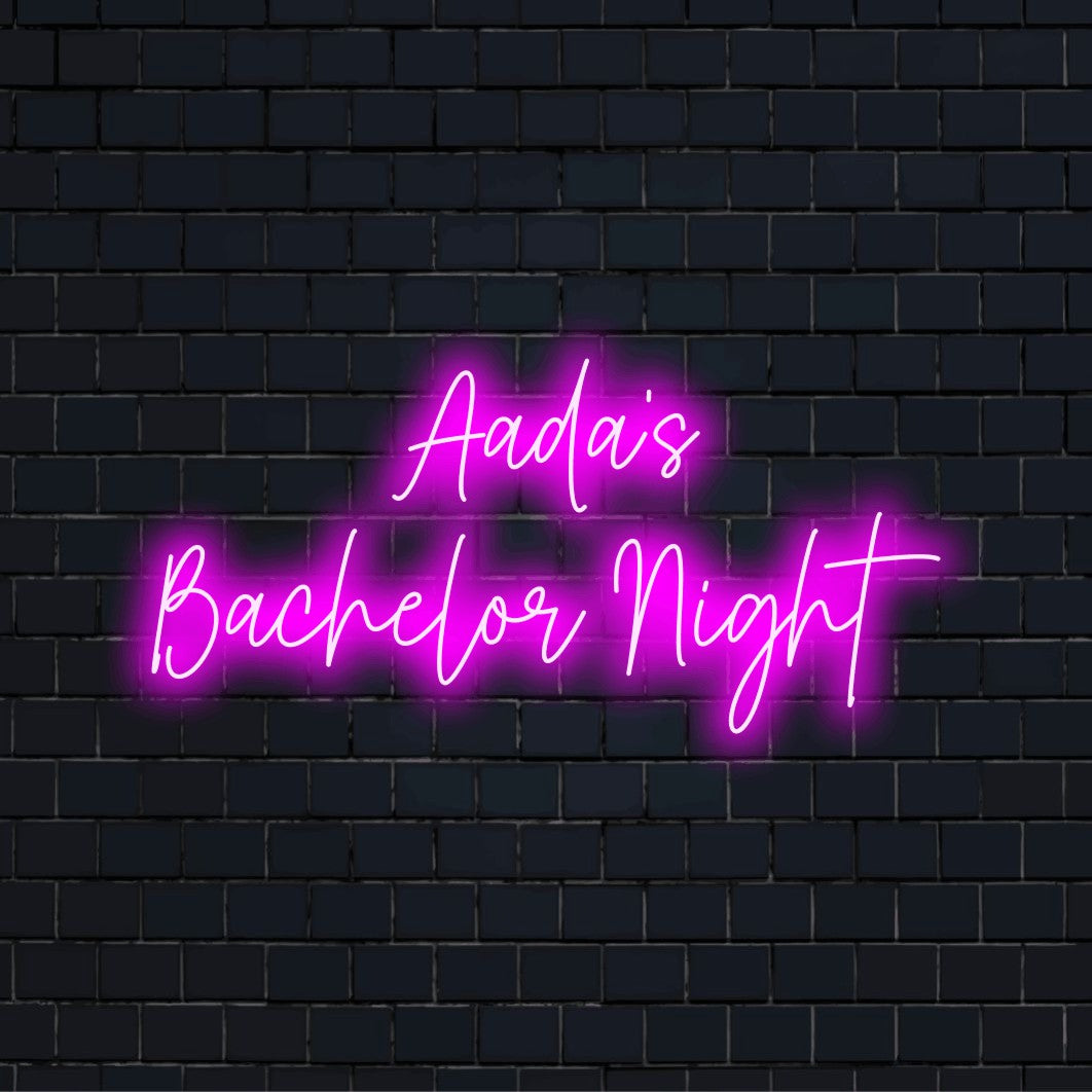 Aada_s Bachelor Night Custom Name Neon Sign, bright neon lettering against black brick wall