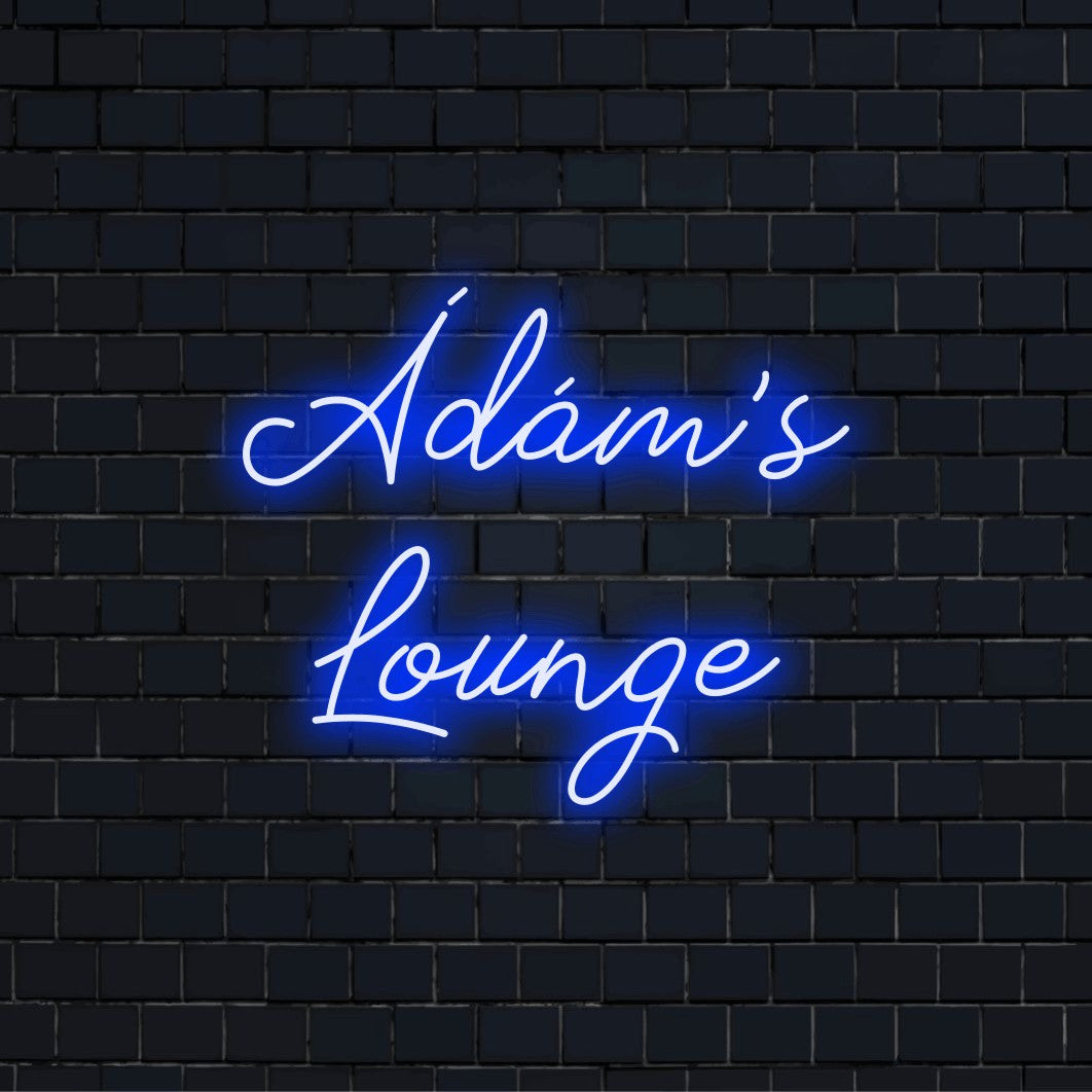 Adam_s Lounge Custom Name Neon Sign, glowing wall decor on dark brick background