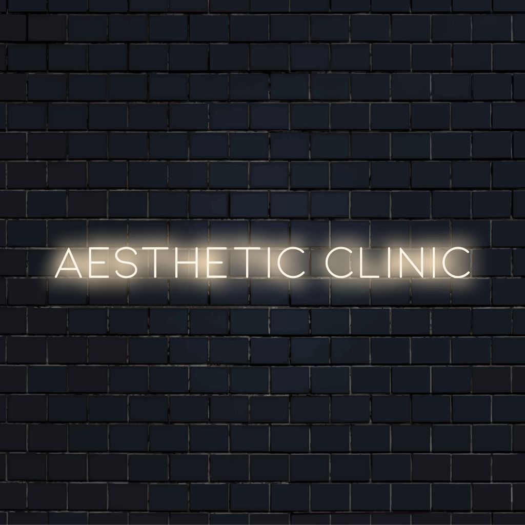Aesthetic Clinic Neon Sign, bright neon glow on dark brick background