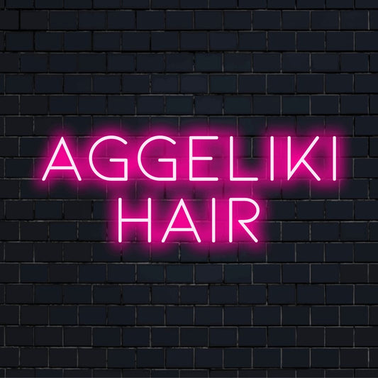 Aggeliki Hair Personalized LED Neon Sign, bright neon lettering on black brick background