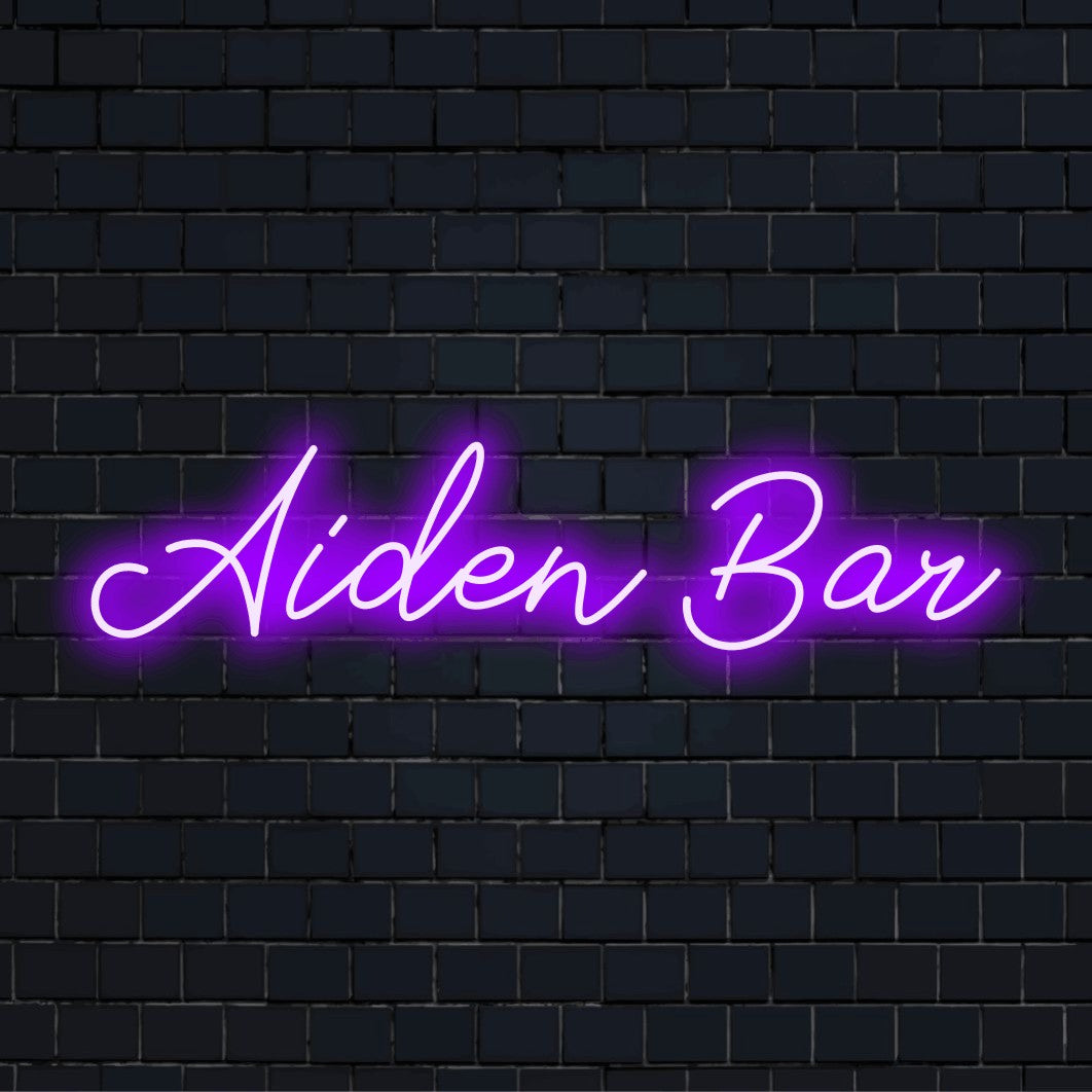 Aiden Bar Custom Name Neon Sign, bright neon glow on dark brick wall