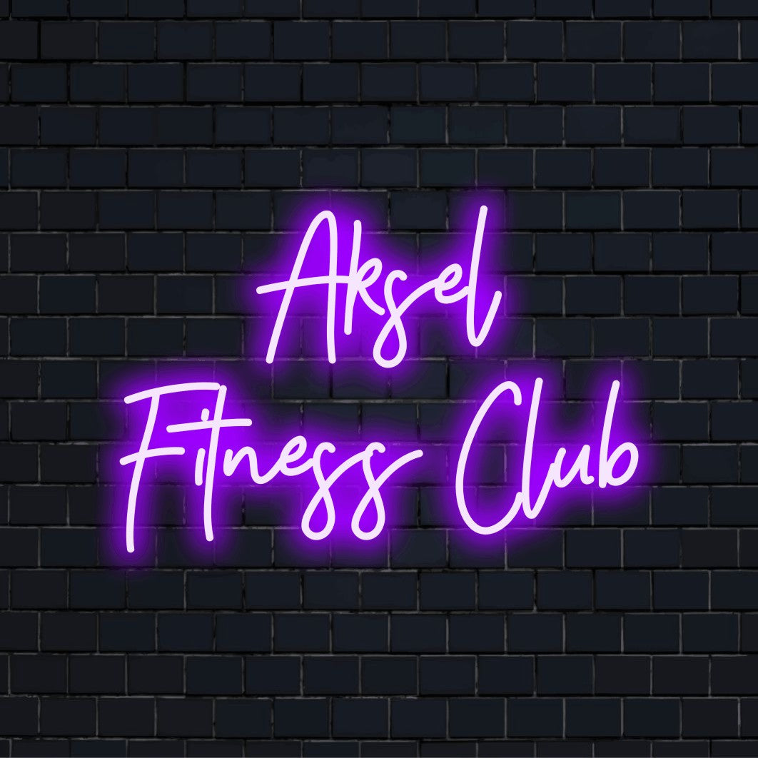 Aksel Fitness Club Custom Name Neon Sign, bright neon glow against black brick wall