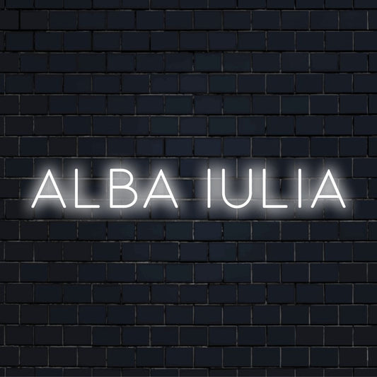 Alba Iulia Neon Sign, glowing wall decor on dark brick background