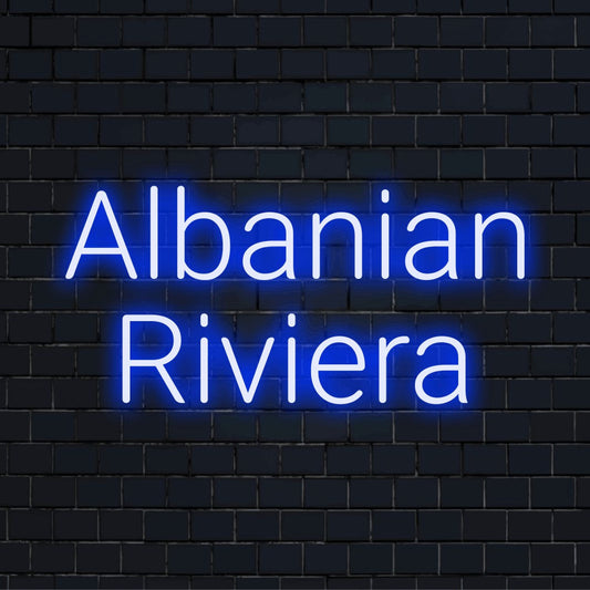 Albanian Riviera LED Neon Sign, glowing wall decor on dark brick wall