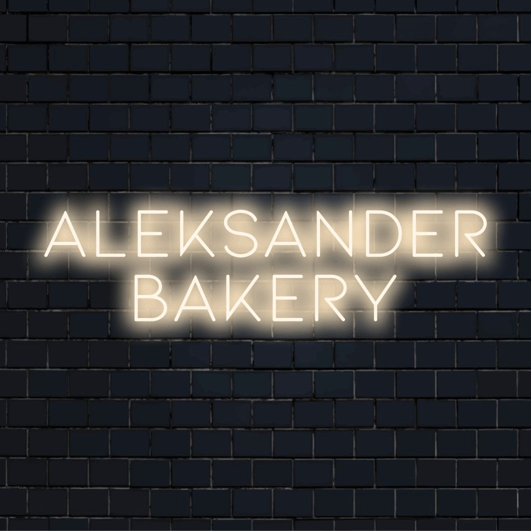 Aleksander Bakery Personalized LED Neon Sign, bright neon lettering on dark brick background
