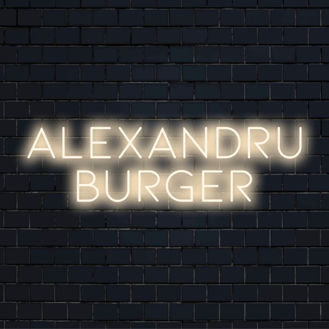 Alexandru Burger Custom Name Neon Sign, glowing wall decor on dark brick wall