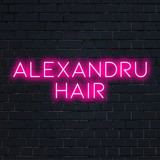 Alexandru Hair Custom Name Neon Sign, glowing neon text against brick backdrop