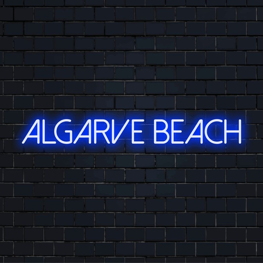 Algarve Beach LED Neon Sign, bright LED glow against brick backdrop