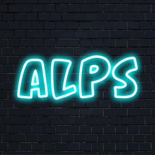 Alps Neon Sign, soft neon glow on black brick background