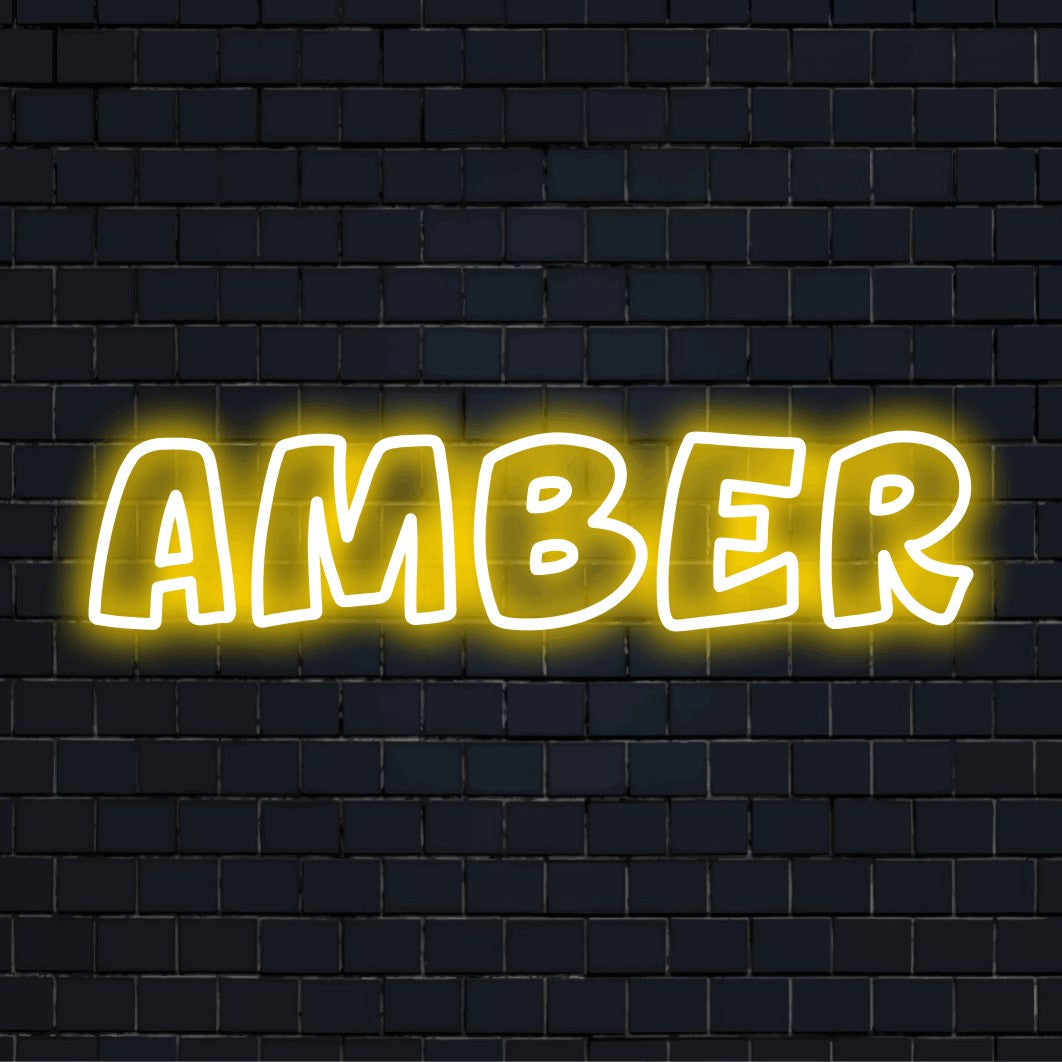Amber Neon Sign, soft neon glow on dark brick background