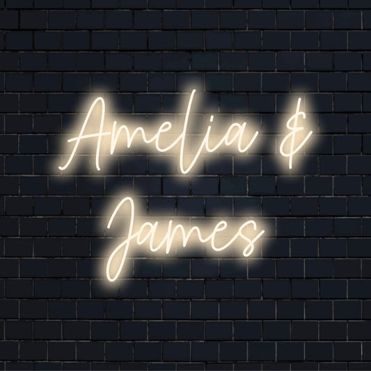 Amelia _ James Personalized LED Neon Sign, bright LED glow on black brick background