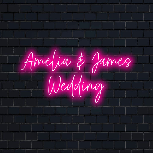 Amelia _ James Wedding Custom Name Neon Sign, bright neon glow against black brick wall