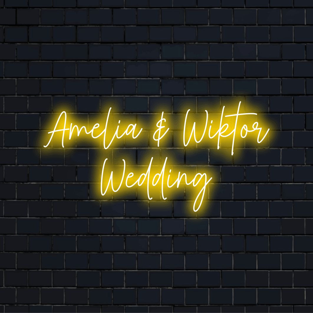 Amelia _ Wiktor Wedding Personalized LED Neon Sign, bright LED glow on dark brick wall