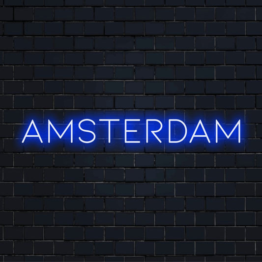 Amsterdam LED Neon Sign, bright neon lettering against black brick wall