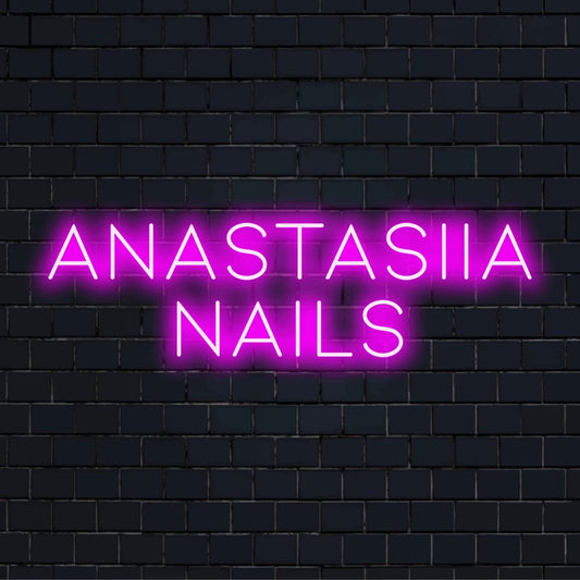 Anastasiia Nails Custom Name Neon Sign, glowing wall decor against brick backdrop