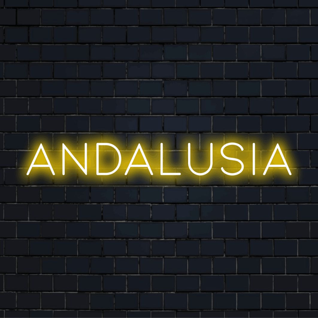 Andalusia Neon Sign, bright neon glow on black brick background