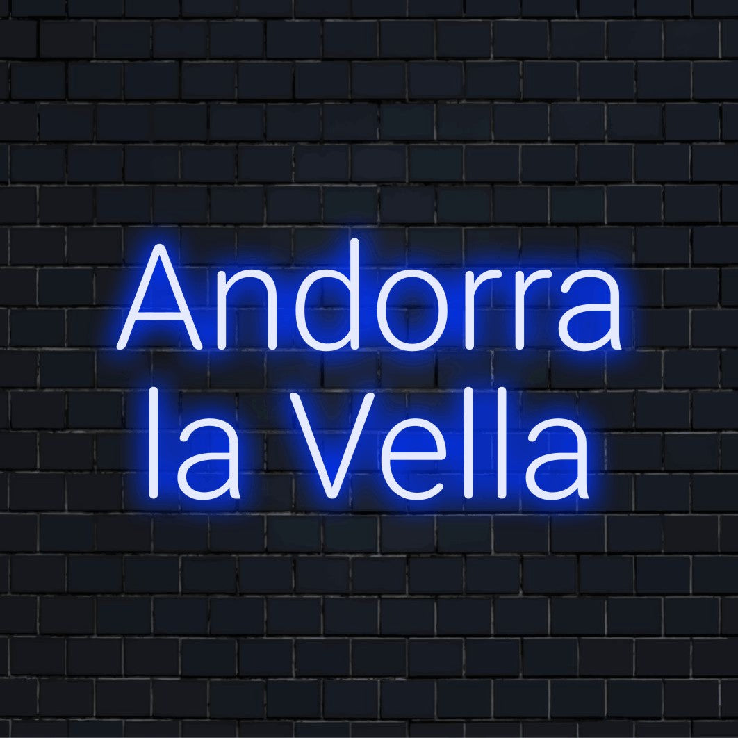 Andorra La Vella LED Neon Sign, glowing neon text on dark brick background