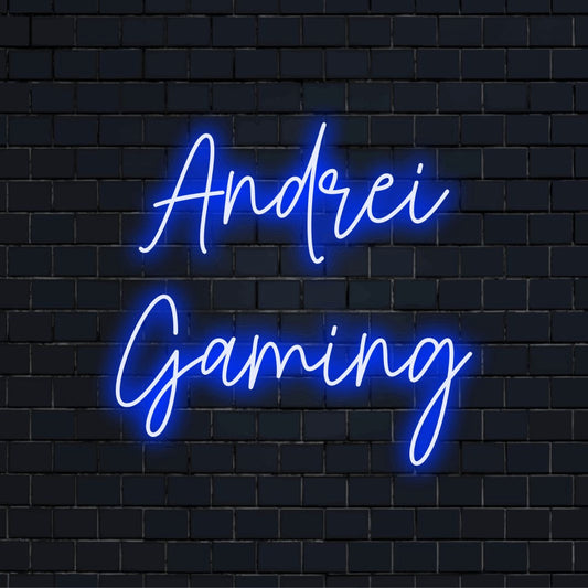 Andrei Gaming Custom Name Neon Sign, neon text light on dark brick background