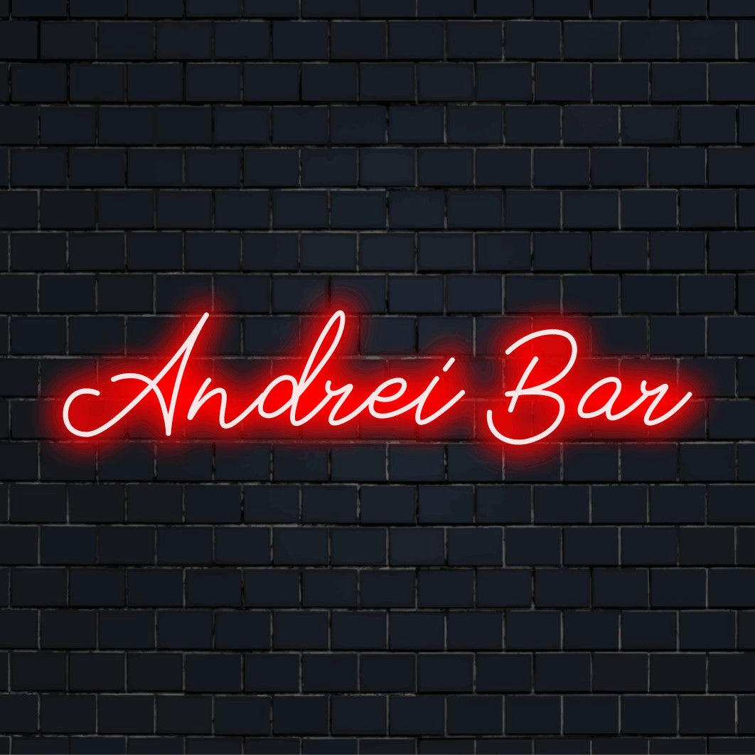 Andrei Bar Custom Name Neon Sign, glowing lettering on dark brick background