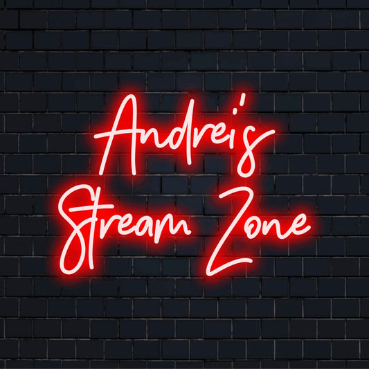Andrei_s Stream Zone Personalized LED Neon Sign, bright neon lettering on dark brick wall
