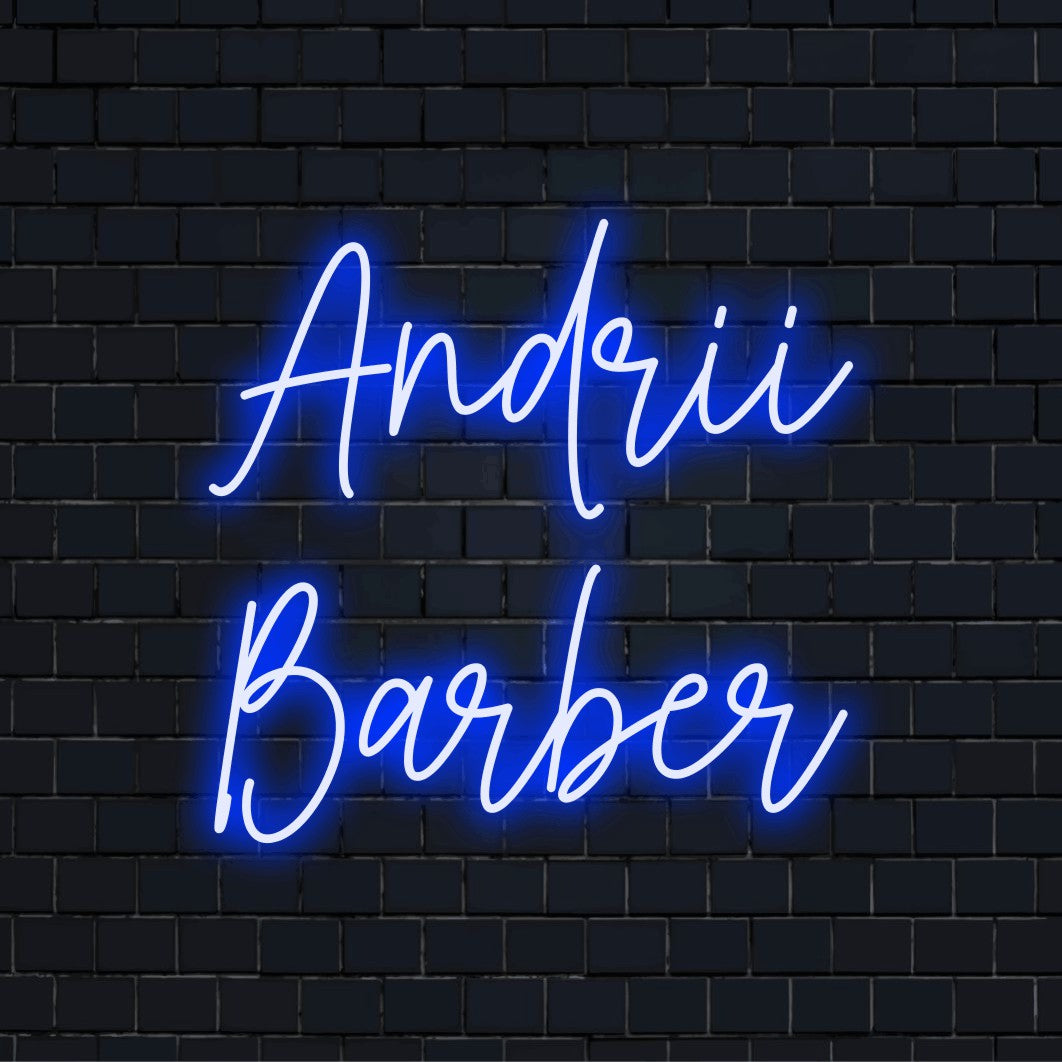 Andrii Barber Custom Name Neon Sign, glowing wall decor on dark brick background