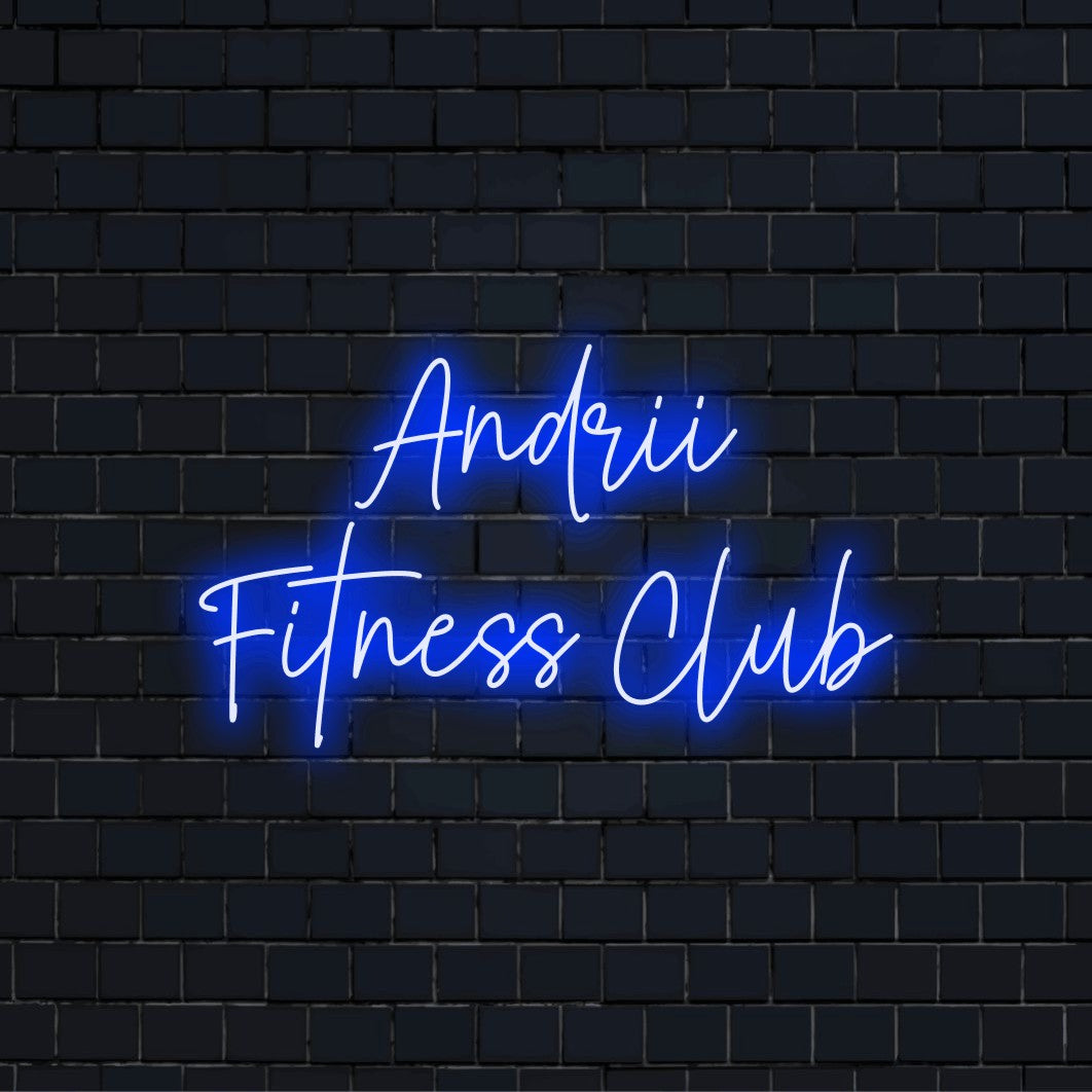 Andrii Fitness Club Personalized LED Neon Sign, glowing neon text against brick backdrop