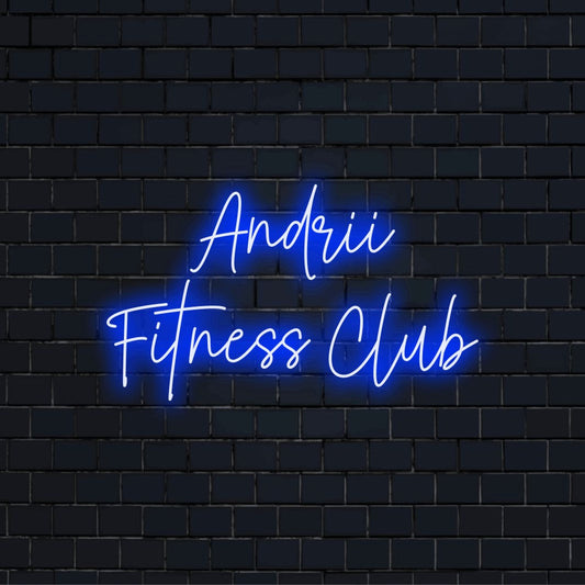 Andrii Fitness Club Personalized LED Neon Sign, glowing neon text against brick backdrop
