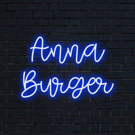 Anna Burger Personalized LED Neon Sign, bright LED glow on dark brick background