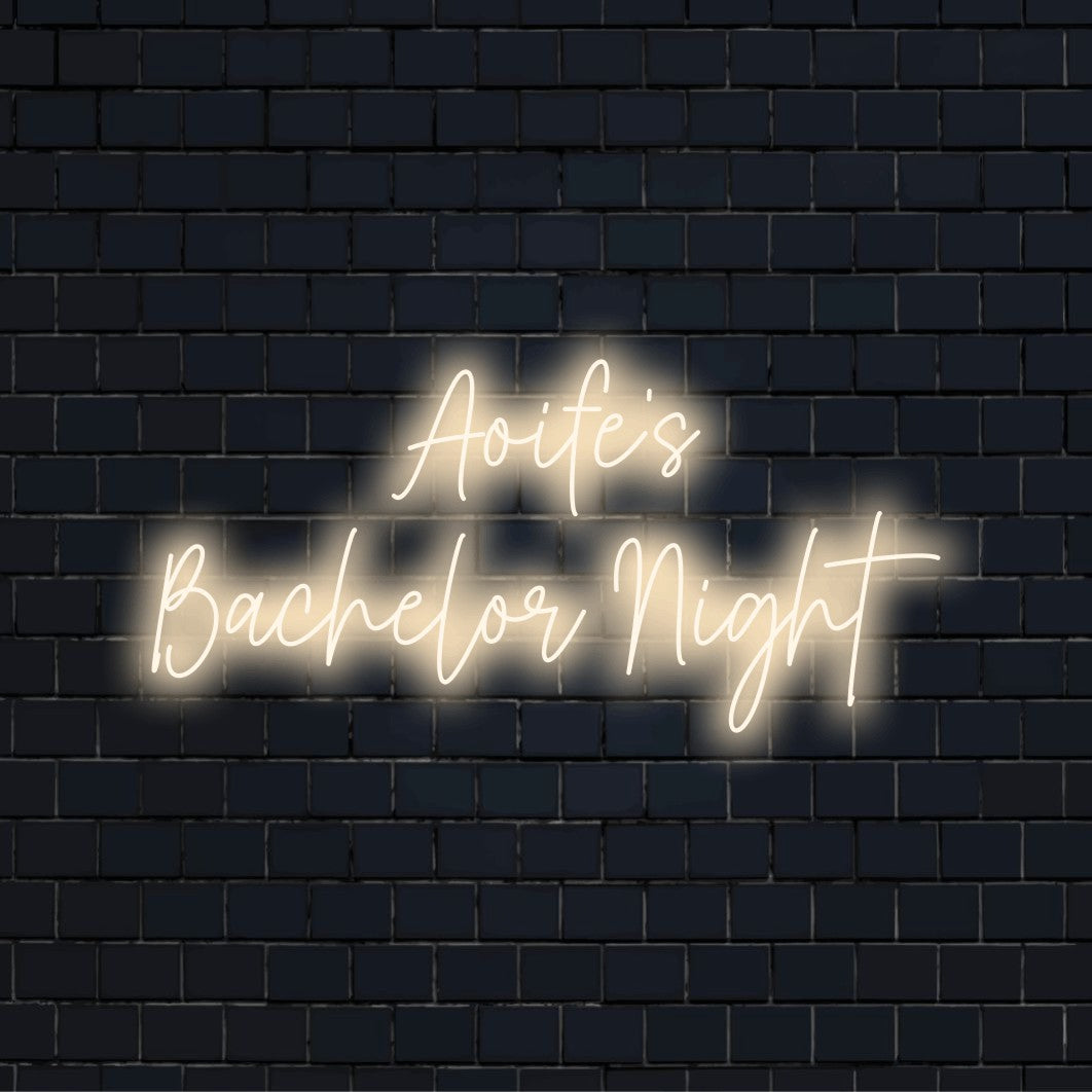 Aoife_s Bachelor Night Personalized Neon Light with glowing neon text against brick backdrop