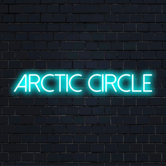 Arctic Circle Neon Sign, glowing neon text on black brick background