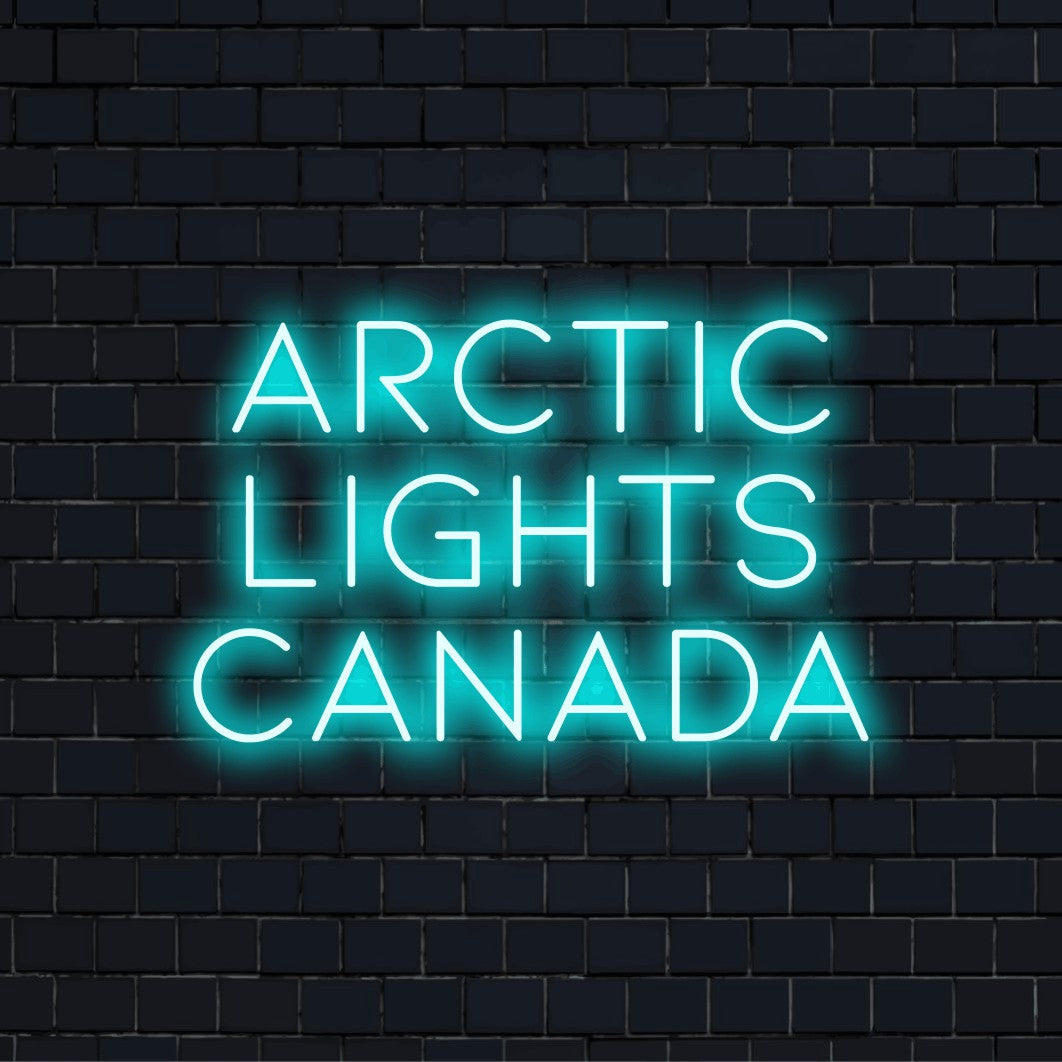 Arctic Lights Canada LED Neon Sign, glowing lettering on black brick background