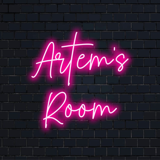 Artem_s Room Custom Name Neon Sign, glowing neon text against black brick wall