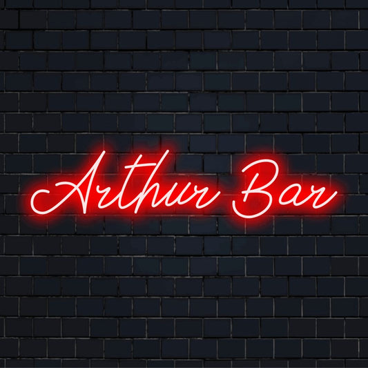 Arthur Bar Custom Name Neon Sign, bright LED glow on dark brick background