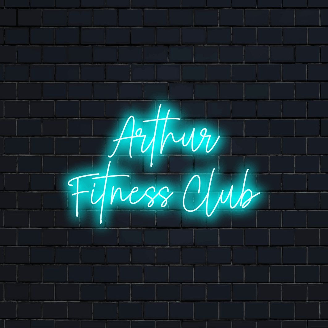 Arthur Fitness Club Custom Name Neon Sign, glowing lettering on black brick background