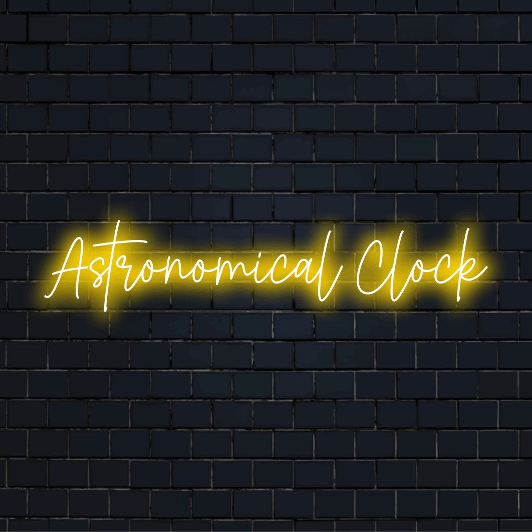 Astronomical Clock Neon Sign, soft neon glow on dark brick wall