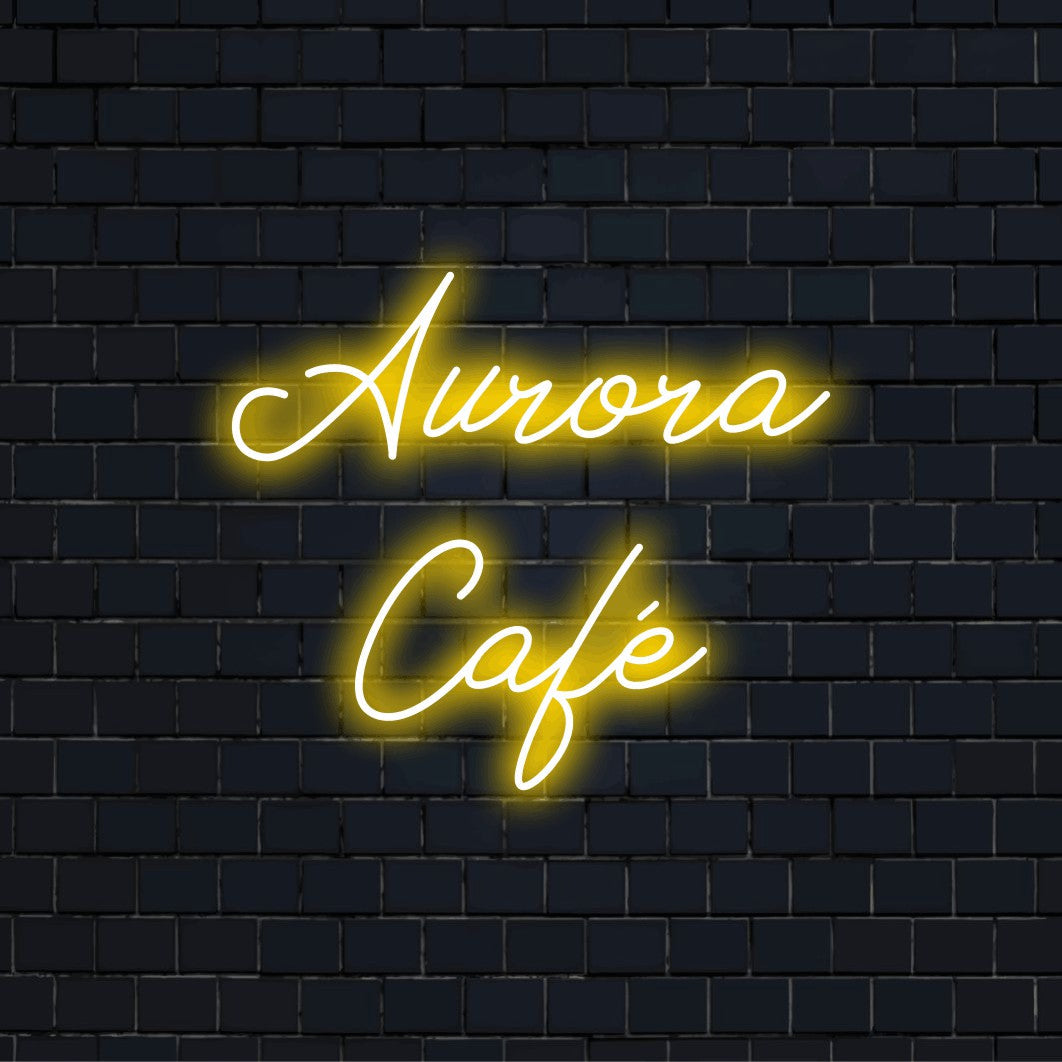 Aurora Cafe Custom Name Neon Sign, bright neon glow against black brick wall